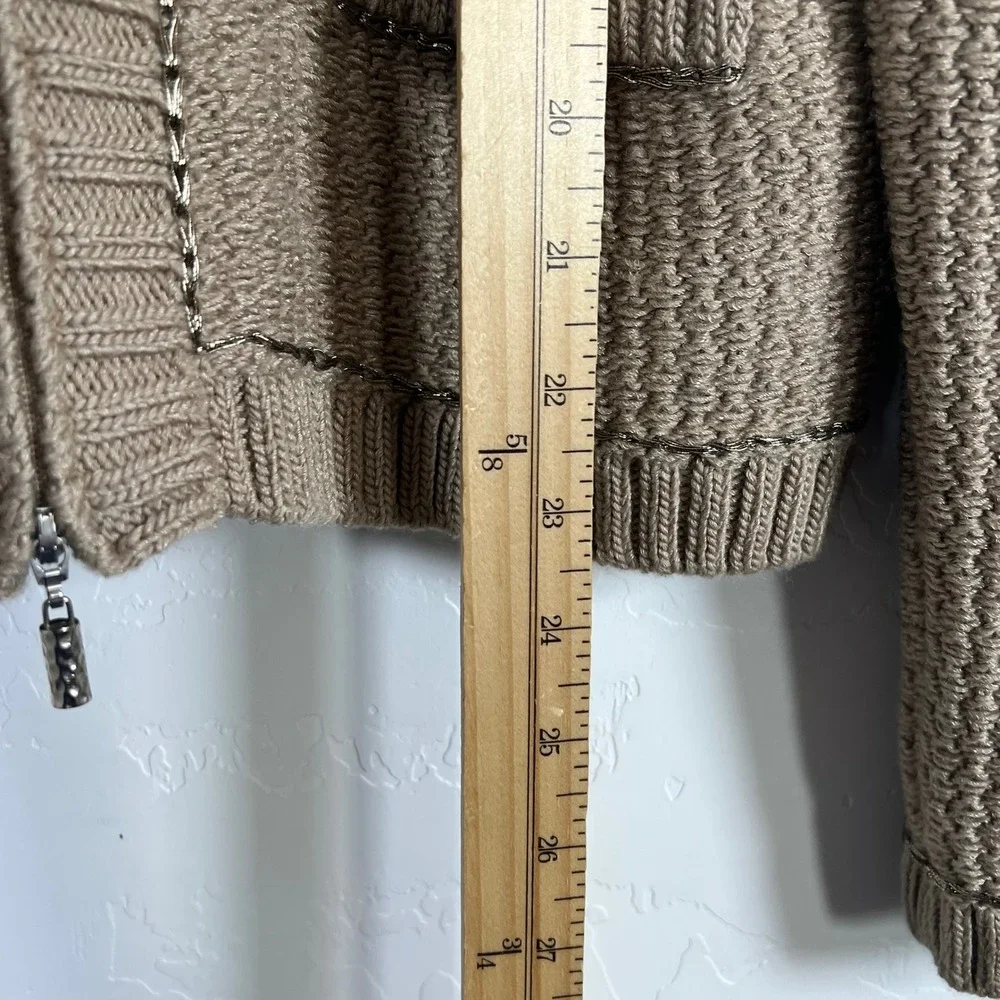 St John Couture Tan Knit Zip Jacket Metallic Trim Silver Buttons Size 16 USA